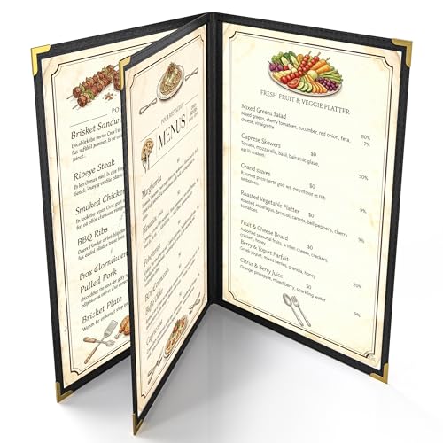10 Pcs Black Menu Cover 8.5x14, 3 Page 6 View, Crystal-Clear - color: black with gold corners, size: 3 Pages - 8.5" x 14"