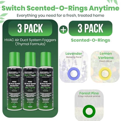 HVAC Air Deodorizer & Mold Treatment Fogger 3-Pack with 3 Scented O-Ring Pads | Air Duct Freshener for HVAC & AC Vents | Plant-Based Thymol Fogger for Home, Car & Commercial Spaces