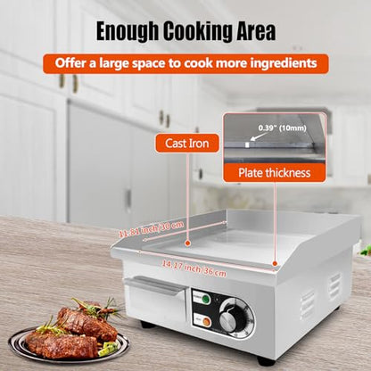 14" Commercial Electric Griddle,Electric Countertop Flat Top Griddle,110V 1500W Electric Flat Top Grill,Non-Stick Restaurant Teppanyaki Stainless Steel Grill,Adjustable Temperature Control - style: 14''