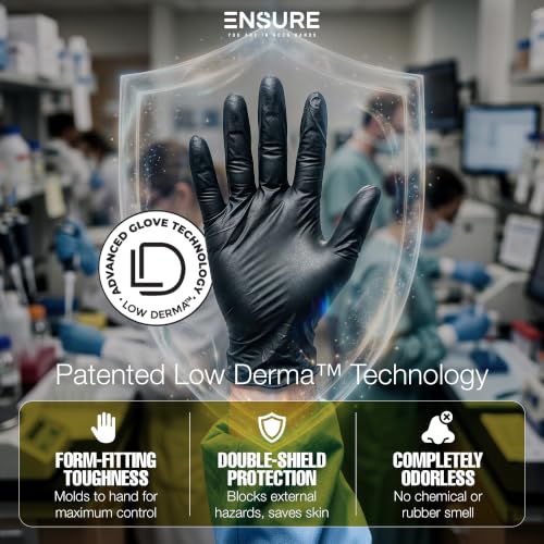 Ensure Black Nitrile Gloves Heavy-Duty Texture Grip Low Derma Patented - size: Medium