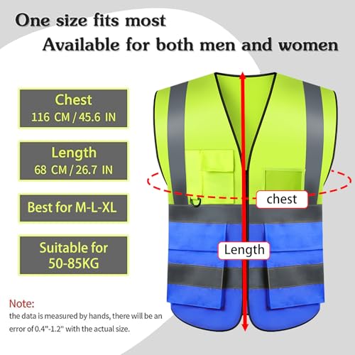 Safety Vests 20 Pack,Hi Vis Construction Vest with 5 Pockets and Zipper,Reflective Vest for Men Women Work One Size - color: Yellow+blue