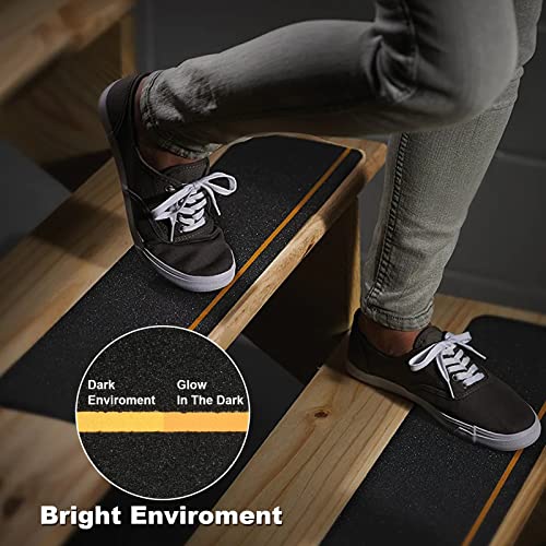WOPPLXY 10 Pcs Anti Slip Stair Tread with Reflective Stripe, 6" x 24" Black Grip Tape for Stairs Adhesive Non Skid Tape Outdoor Traction Treads Staircase Step Treads Friction Abrasive for Stairs Step