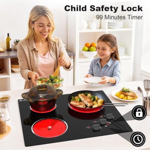 VBGK Electric Cooktop,24 inch 220V Electric StoveTop,Touch and Knob Control,LED,9 Power Levels, KidsLock & Timer Overheat Protection,500w3 burmercooktop. - size: 3 Burners Electric Cooktop