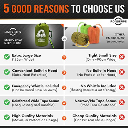 Ironstripe Bivy Sack XL Waterproof Survival Sleeping Bag with Emergency Whistle, Built-in Hood & Thermal Mylar - Tear & Puncture-Resistant