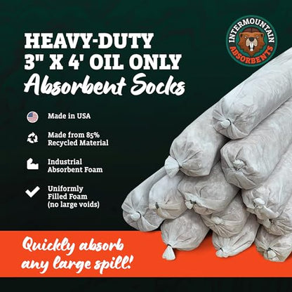Oil Only Absorbent Socks - Oil Absorbent Socks, Absorbs Oil, Hydrocarbons & Repels Water - Recycled Polypropylene Oil Absorbing Socks, Oil Socks, 3" x4' (12 Pack) - size: 3"x4' (12 Pack)