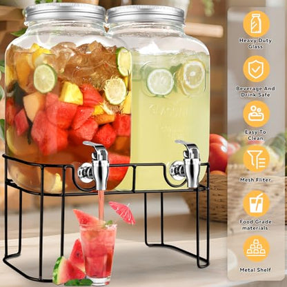 2 Gallon Glass Drink Dispensers For Parties，Lemonade Beverage Dispenser With Stand And Spigot For BBQ, Picnic, Party,Laundry Detergent Dispenser - size: 2 Gallon Double With Stand