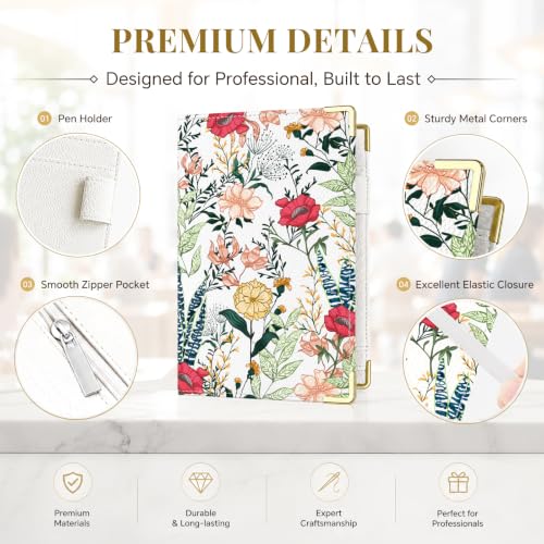 Server Book,7 Pocket Zipper Organizer,Server Books for Waitress - color: Flower4