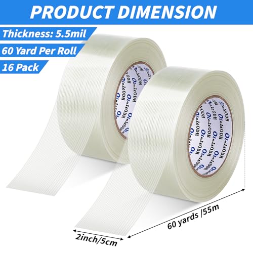Oleitodh 16 Rolls Strapping Tape 2 Inch x 60 Yards 5.5 Mil Filament Tape - size: 2in x 60Yds