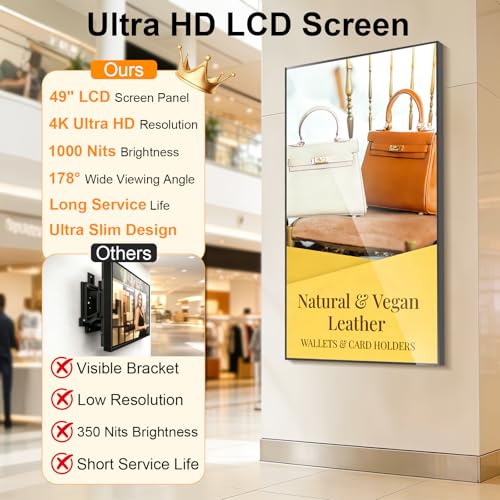 49Inch 4K Wall Mount Digital Signage, 1000nits High Brightness Slim Frameless Advertising Display, Commerical Display LCD Monitor with CMS/U-Disk Plug&Play, Split Screen, 7/24 Timer Switch - size: 49" 4K 1000nits