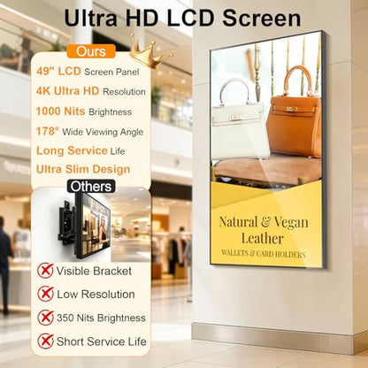 49Inch 4K Wall Mount Digital Signage, 1000nits High Brightness Slim Frameless Advertising Display, Commerical Display LCD Monitor with CMS/U-Disk Plug&Play, Split Screen, 7/24 Timer Switch - size: 49" 4K 1000nits