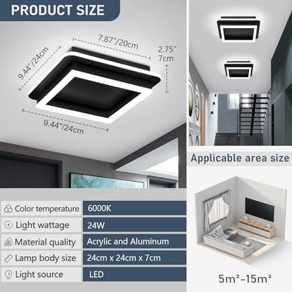CANEOE Black Modern LED Ceiling Light, Square Flush Mount Ceiling Hallway Light Fxitures, 6000K Cold White Small Close to Ceilings Lamp for Bedroom Hallway Kitchen Balcony Cloakroom - color: All Black, size: 1 Pack