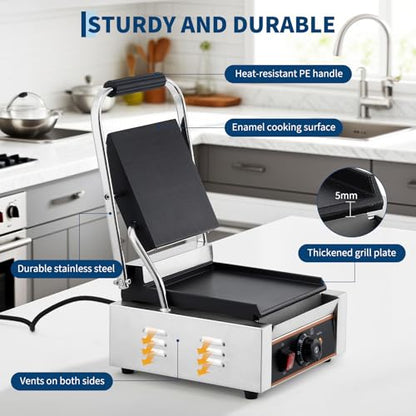 YS-811C 1800W Commercial Panini Press & Electric Grill, 9x9 Inch Sandwich Maker with 6-Temp Control, 110V Indoor Grill for Burgers, Panini, Breakfast, Silver - size: 9"x 9" with Smooth Plate