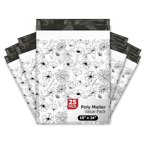 19x24 (25) Black and White Sketched Floral Summertime Designer Poly Mailers Waterproof Self Sealing Tear Resistant Polymailers Shipping Envelopes Premium Printed Bags For Small Businesses - color: Black and White Flowers, size: 19x24 inches