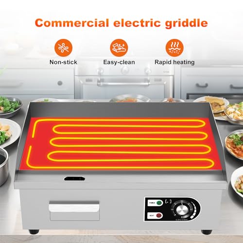 18’’ Commercial Electric Griddle - Electric Cast Iron Griddle w/Stainless Steel Material and Non-Stick, 110V Commercial Griddle w/ 1/2" Thick Iron Cooking Plate for Indoor and Restaurant - size: 18 inch