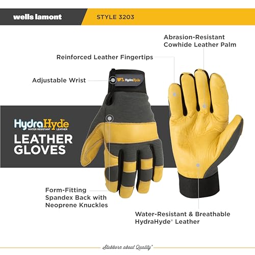 Wells Lamont Men's Leather Palm Work Gloves – HydraHyde Water-Resistant Leather, Flexible Spandex Back, Adjustable Closure - color: Gray, size: Large