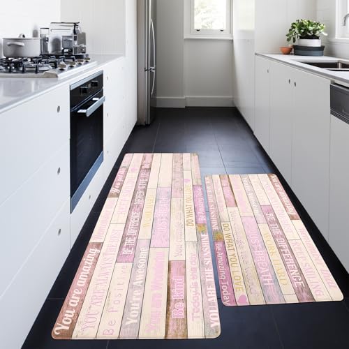 Inspirational Positive Quotes Kitchen Mats for Floor Pink Anti Fatigue Mats for Kitchen Floor Cushioned Waterproof Pink Kitchen Decor Set - color: Pink, size: 17"x30"+17"x47"