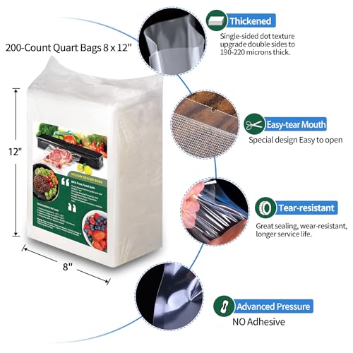 AENTGIU 200 Precut Vacuum Sealer Bags For Food, 8x12 Inch Thick BPA-Free - size: Precut 8" x 12" Quart (200 count)