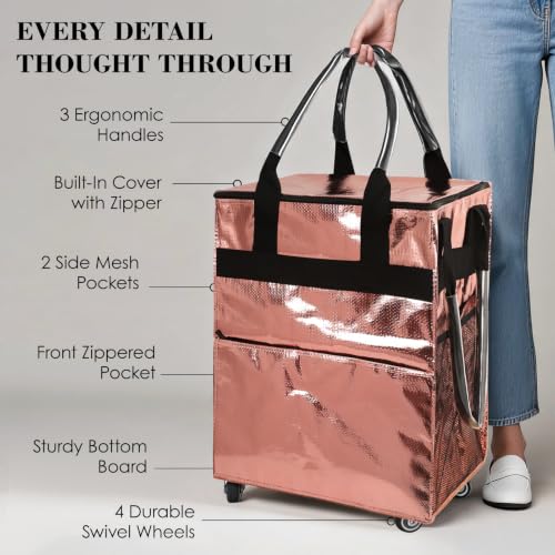 Reusable Grocery Bag on 4 Swivel Wheels, 60L Large Rolling Tote Bag - color: Pink