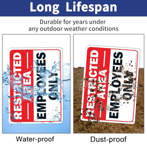 Faittoo Restricted Area Employees Only Sign, 10 x 7 Inches .40 Rust Free Aluminum, UV Protected, Weather Resistant, Waterproof, Durable Ink, Easy To Mount - color: Red/Black on White, Restricted Area Employees Only Sign - 1 Pack, size: 10" x7" x 0.04" Met