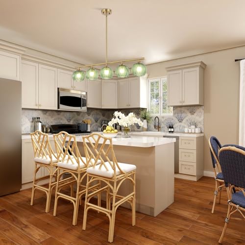 BYOLIIMA Modern Brushed Brass Linear Chandelier Green Striped Glass Shade 5-Lights Gold Mid Century Sputnik Globe Pendant Light Farmhouse Ceiling Hanging Light Fixture Dining Room Kitchen Island - color: Gold/Green