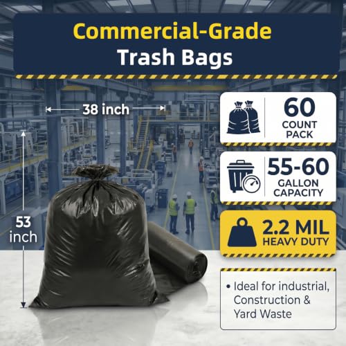 55-60 Gallon Garbage Bags,60pack 38"x53" Heavy Duty Trash Bags,2.2mil,Black Contractor Trash Bag for Kitchen, Industrial, Lawn, Commercial Use, Strong Tall Kitchen Trash Bags