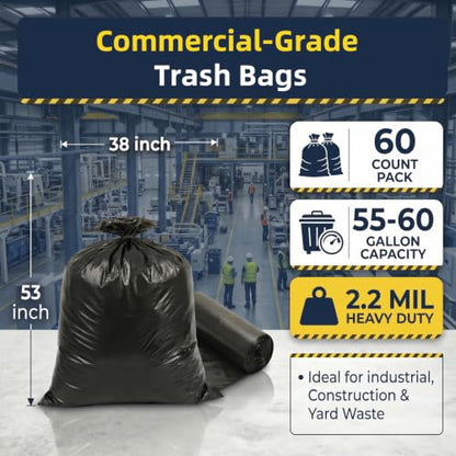 55-60 Gallon Garbage Bags,60pack 38"x53" Heavy Duty Trash Bags,2.2mil,Black Contractor Trash Bag for Kitchen, Industrial, Lawn, Commercial Use, Strong Tall Kitchen Trash Bags