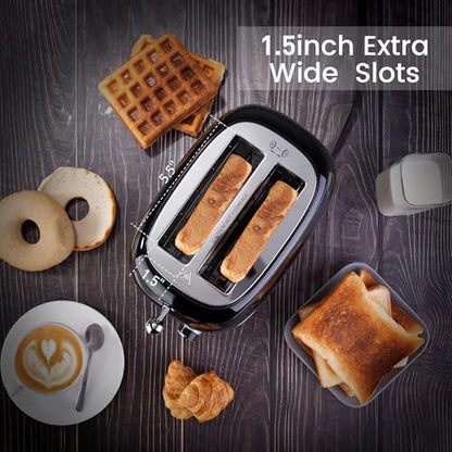 Roter Mond 2 Slice Toaster Retro Stainless Steel with Bagel, Cancel, and Defrost Functions, 6 Bread Shade Settings, Extra Wide Slots and Removable Crumb Tray, Black - color: Black
