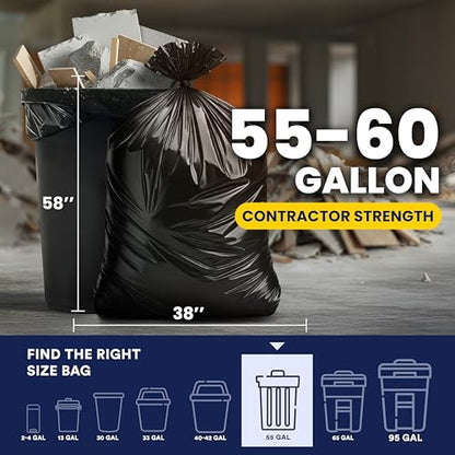 Plasticplace Contractor Trash Bags 55-60 Gallon, 3.0 Mil, Black Heavy Duty Garbage Bag, 38” X 58” (50Count) - color: Black, size: 50 Count (Pack of 1)
