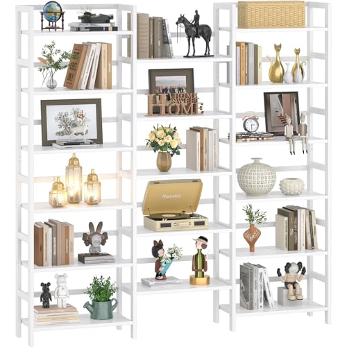 Homykic 6-Tier Bamboo Bookshelf, 61” Triple Wide Bookshelves and Bookcases - color: White, size: Triple Wide