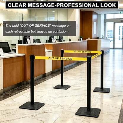 OrangeStar Crowd Control Stanchions with 9Ft Retractable Belt, Heavy Duty Stanchion Set with Rubber Base, Black Out of Service Queue Barrier for Bank, Hotel, Retail, Event, 4 Pack - color: Yellow-OUT OF SERVICE