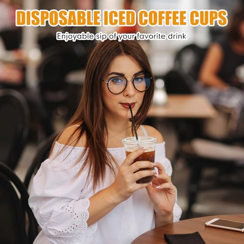 Ziliny 50 Pack 16 oz Plastic Cups with Lids Straws Iced Coffee, Black - color: Black, size: 16 oz