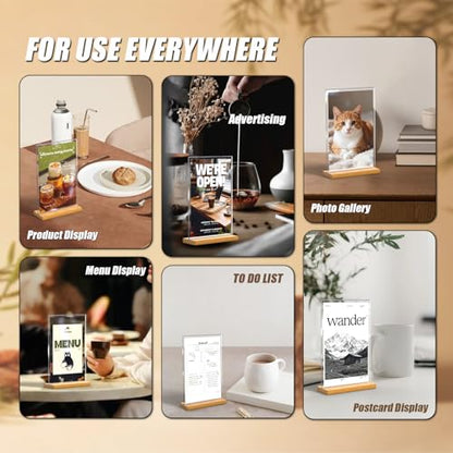 4×6 inch Acrylic Table Top Sign Holder with Beech Wood Base – Double-Sided Menu Display Stand, QR Code Frame, Small Table Sign for Restaurant & Wedding(6pack)