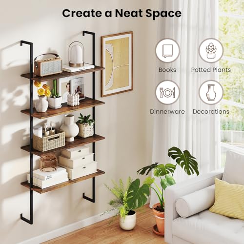 Tangkula 4-Tier Wall Mounted Bookshelf, Wood Ladder Shelf - color: Brown