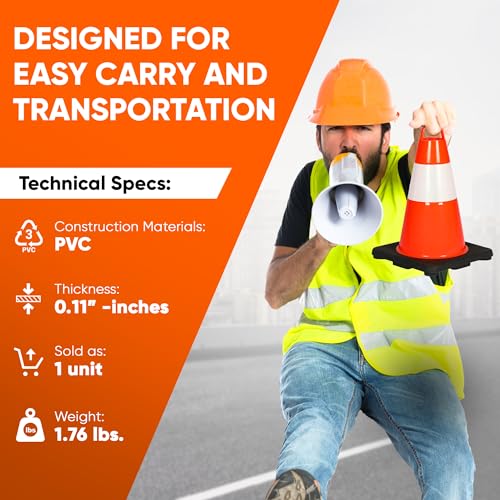 Pyle 12" PVC Traffic Cones, 12-PackSafety Cones for Parking, Construction & Roadwork, High-Visibility Orange, Durable, Stackable Design, Heavy-Duty Base for Stability in All Weather