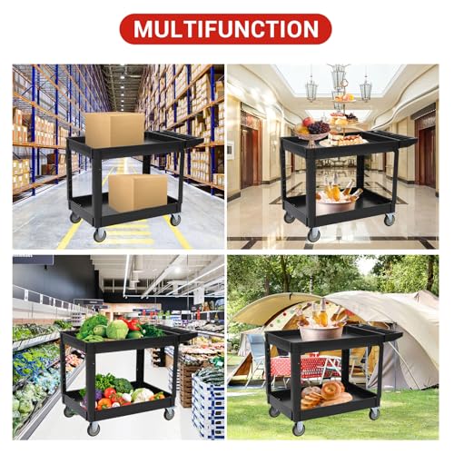 Utility Service Cart with Wheels and Two Trays, Service Cart 2-Shelf 500lbs, Rolling Utility Cart for Warehouse/Garage/Cleaning/Manufacturing, 2 Tier Heavy Duty Uline Tool Cart, 45"X25", Black - color: Black