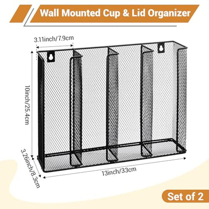 Thenshop 2 Pack Wall Mount Sauce Cup and Lid Holder - 4 Compartment Black Iron Dispenser Fits 2 to 5.5 oz Cups, Space Saving Organizer for Coffee Bar, Restaurant & Kitchen Counter, 13 x 10 x 3.26