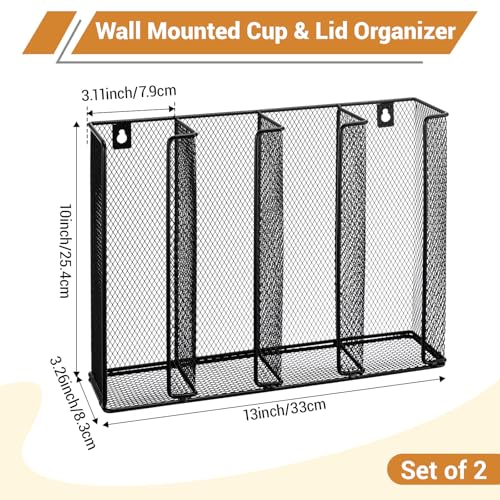Thenshop 2 Pack Wall Mount Sauce Cup and Lid Holder - 4 Compartment Black Iron Dispenser Fits 2 to 5.5 oz Cups, Space Saving Organizer for Coffee Bar, Restaurant & Kitchen Counter, 13 x 10 x 3.26