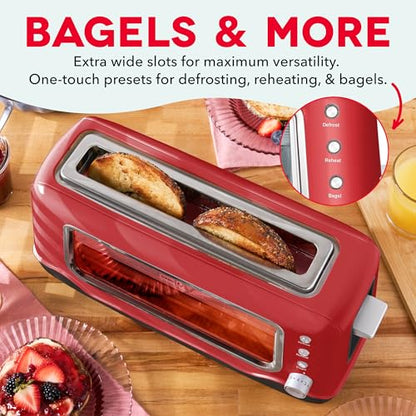 Dash Clear View Toaster | 10" Long Slot 2 Slice Toaster with See-Through Glass Window, 7 Browning Levels, Bagel, Defrost & Reheat Functions, Removable Glass Panel, Crumb Tray, Red - color: Red