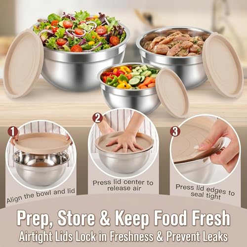 Stainless Steel Mixing Bowls with Lids, 7-Piece Nesting Bowl Set, 0.6–5.5 QT, Includes 14 Measuring Spoons for Baking, Cooking and Meal Prep, Khaki - size: 7+14 - Bowls & Spoons