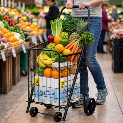 Foldable Shopping Cart with Wheels, Metal Rolling Utility Crate