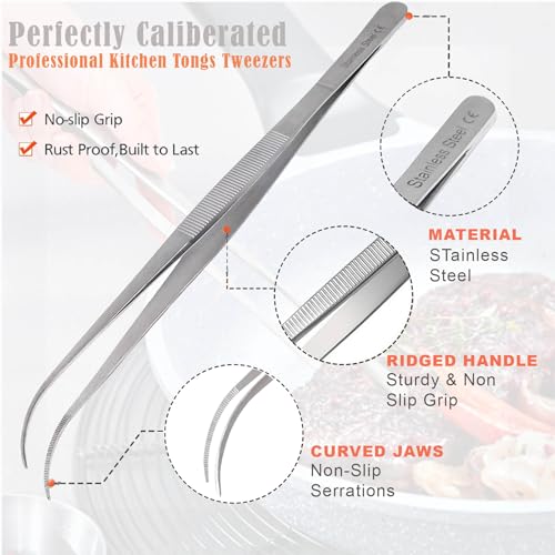Professional Culinary Stainless Steel Precision Tongs with Serrated Tips, Plating/Food Presentation Detailing Serving Tongs, Chef's Kitchen Tweezer Tongs - Ultra Non-Slip Grip (10 Inch Curved) - size: 10" Curved Slim