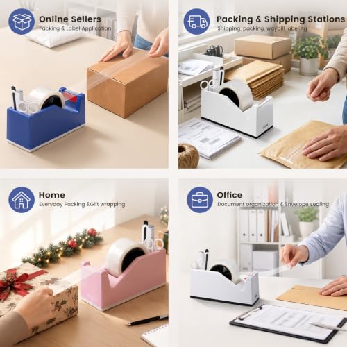 Sooez Weighted Tape Dispenser, Aesthetic Packing Tape Dispenser Desk, with Storage Compartment, Super Heavy Duty Tape Holder, Fit 1.88" to 2" Wide Tape, Tape Cutter Packing Shipping Supplies