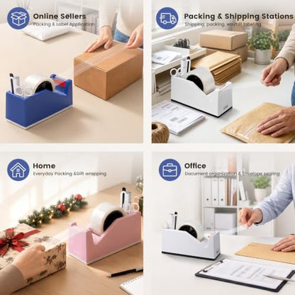Sooez Weighted Tape Dispenser, Aesthetic Packing Tape Dispenser Desk, with Storage Compartment, Super Heavy Duty Tape Holder, Fit 1.88" to 2" Wide Tape, Tape Cutter Packing Shipping Supplies