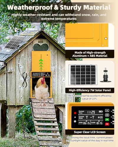 Automatic Chicken Coop Door Solar Powered with Timer & Light Sensor, Pet Deluxe Chicken Door with 7W Solar Panel, Anti-Pinch Safety, 10PCS Wire Clips and Aluminum Alloy, Long-Range Remote - Gold - color: Gold