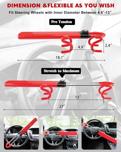 Tevlaphee Steering Wheel Lock Anti-Theft Car Device Heavy Duty Security Car Lock Antitheft Locking Devices Great Deterrent Adjustable Car Wheel Lock Anti Theft for Vehicle Truck SUV with 3 Keys (Red) - color: Red