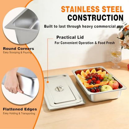 6 Pack Stainless Steel Hotel Pans,Full Size 4 Inch Deep 0.8mm Thick Anti Jam Commercial Food Pans with lid,for Steam Tables, Restaurants, Catering & Industrial Use
