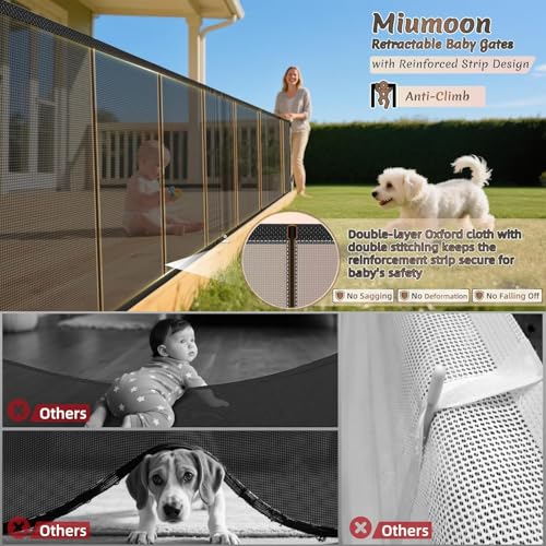 Miumoon 100 inch Reinforced Retractable Baby Gates 34 inch Tall - color: Black, size: 34" Tall x 100" Wide