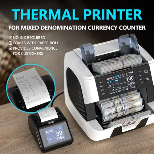 PONNOR Money Counter Machine Mixed Denomination, Serial Number, Multi Currency 2CIS/UV/IR/MG/MT Counterfeit Detection Bill Counter, Cash Counter Machine Value Counting for Business with Printer