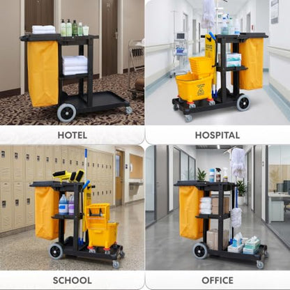 Simpli-Magic Janitorial Cart, 330 lbs Capacity – 3-Shelf Commercial Housekeeping Cleaning Cart on Wheels, 25 Gallon Bag with Lid – Stable, Smooth Movement