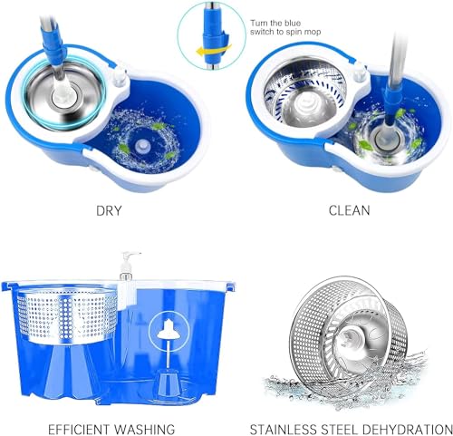 Spin Mop and Bucket with Wringer Set, 360° Spin Mop & Bucket Floor Cleaning System Mop Bucket with 61" Adjustable Extended Handle 3 Replacement Microfiber Refills, Set of 2 - color: Blue-2